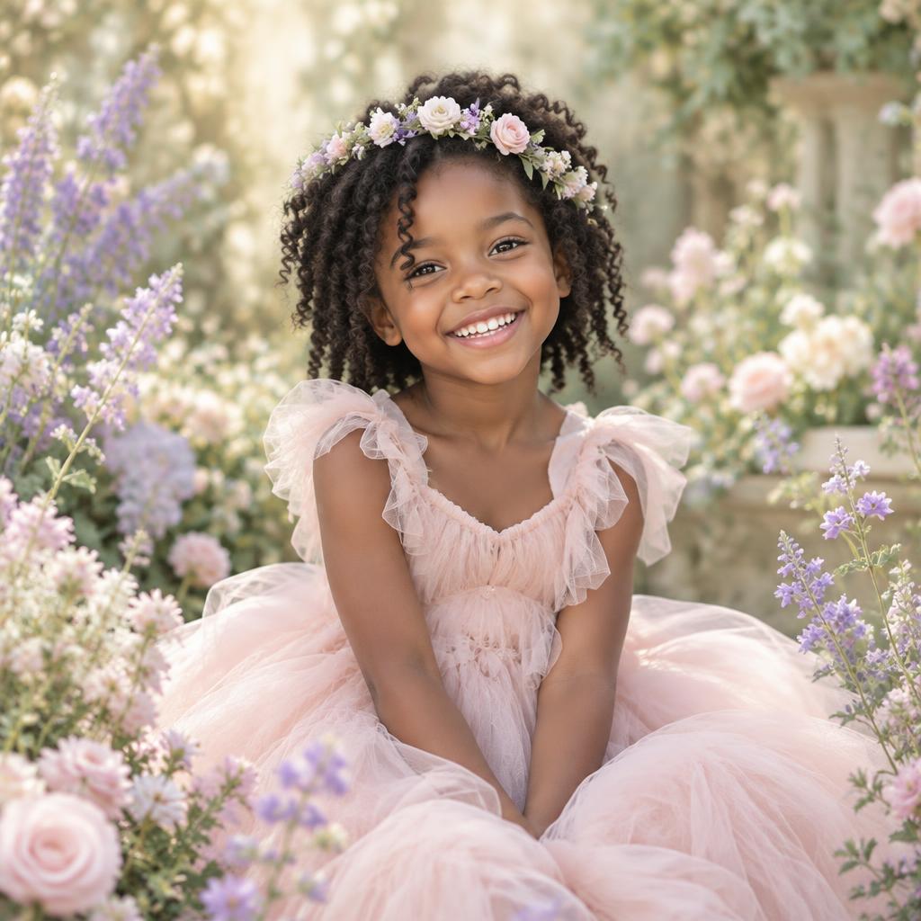 Amara smiling among pastel garden flowers