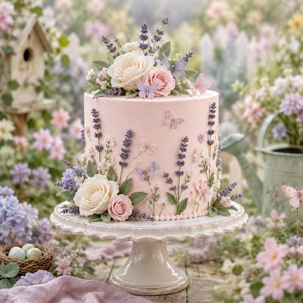 Pastel floral birthday cake in a garden